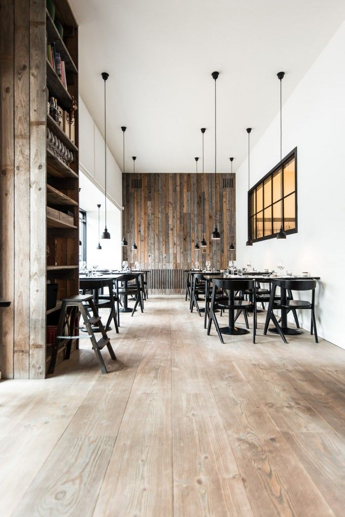 modern restaruant with reclaimed wood floor