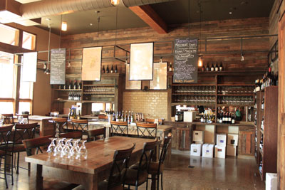 Reclaimed wood paneling in restaurant